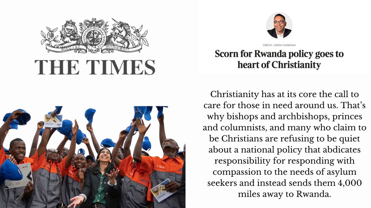 krishk's tweet photo. Christianity has at its core the call to care for those in need around us. That’s why bishops and archbishops, princes and columnists, and many who claim to be Christians have refused to be quiet about a national policy that abdicates responsibility for responding with compassion to the needs of asylum seekers and instead sends them 4,000 miles away to Rwanda.

There is a famous parable in the Bible that clearly tells us how to react when we come across someone in need from another country, someone who doesn’t speak our language or follow our religion, someone who has faced a long, treacherous journey and has been attacked and exploited by an organised crime group. Passing by on the other side of the road is not an option. We can’t just get on with our jobs pretending that we haven’t seen them, hoping they will disappear into oblivion. We are specifically told to be a Good Samaritan and do all we can to help displaced strangers in need.

As the bishops in the House of Lords explained: “Our Christian heritage should inspire us to treat asylum seekers with compassion, fairness and justice, as we have for centuries . . . Deportations are not the way.”

The planned deportations to Rwanda, I believe, go against the essence of our Christian faith, against our heritage and sense of humanity. They also go against common sense.
https://t.co/PSdbHfL1Z3
