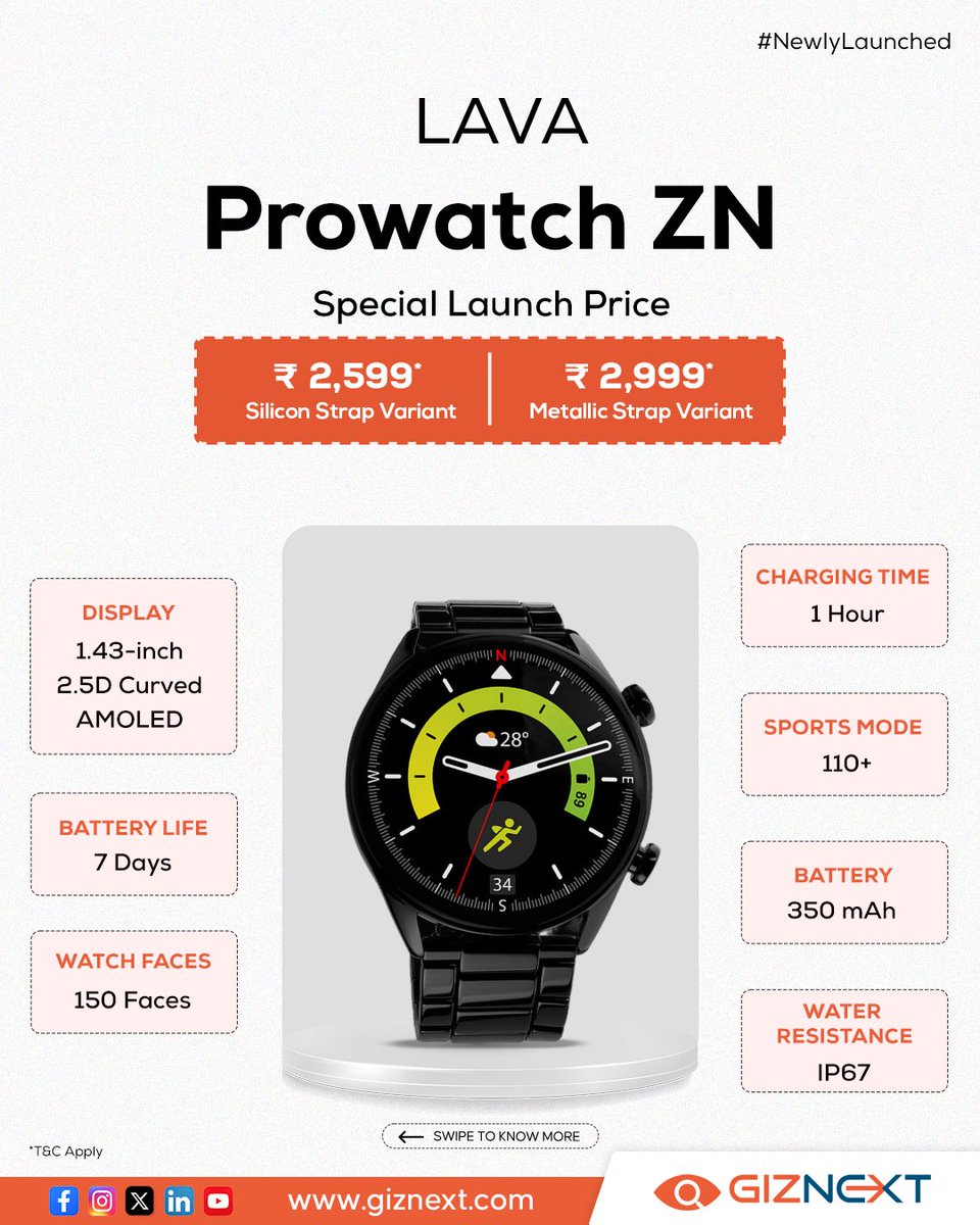 Lava has launched Prowatch Series, its ‘first-ever’ smartwatch with Corning Gorilla Glass 3. ⌚🦍

Sale starts on 26th April, 12 PM 💸
Available on amazon and retail partners 🤝🏻

Prowatch VN with special launch price at ₹1,999 👀
🎨 Available in Three Colors
📲 Smart