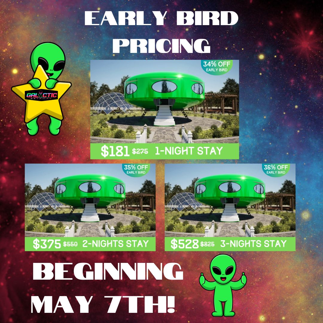 EARLY BIRD PRICING ANNOUNCEMENT! ☄️ Beginning May 7th, reserve your spot for the Galactic Getaway! 🛸This is one of the many Rewards & Perks that will be offered during our campaign. 💫 #galacticgetaway #ufohunter #ufohome #futuro #aliensarereal #alienlife #ohiotravel