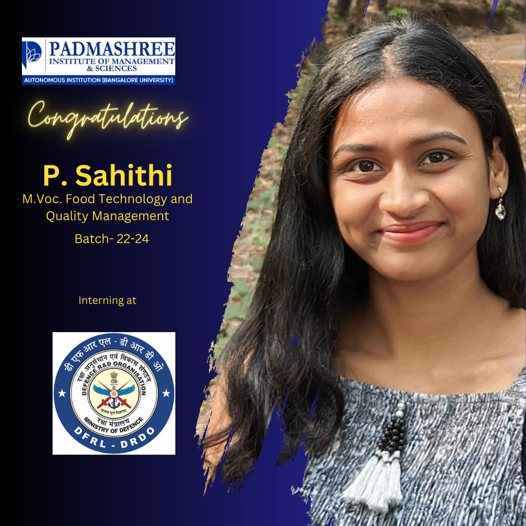 Heartfelt congratulations to our dedicated student Ms Sahithi for securing an internship at DFRL DRDO! 🎉Her accomplishment exemplifies the excellence nurtured in our Department of M.Voc Food Technology &Quality Management.Wishing her a enriching experience during her internship