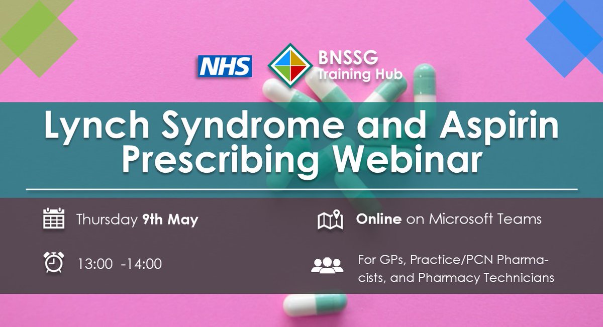 📆 Join us on the 9th of May for this online event ➡️ Lynch Syndrome and Aspirin Prescribing Webinar 👇 Register here forms.office.com/pages/response… #prescringwebinar #onlineevent #nhswebinar #lynchsyndrome