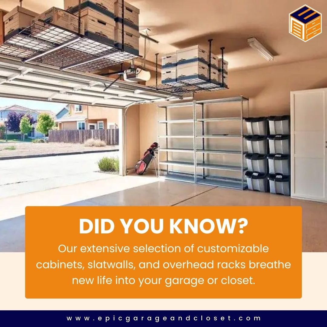 DID YOU KNOW? Our extensive selection of customizable cabinets, slatwalls, and overhead racks breathe new life into your garage or closet. Transform cluttered spaces into organized sanctuaries with Epic Garage and Closet.
.
.
#smartsolutions #stylishspaces #organizedliving