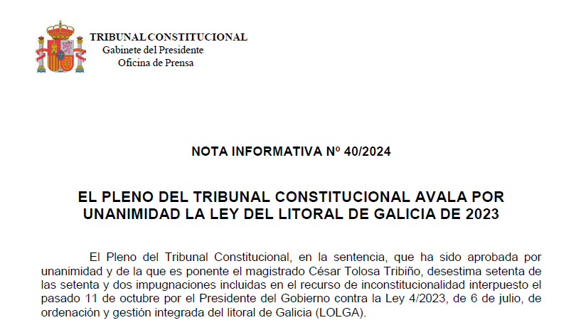 Nota de prensa | El Pleno del Tribunal Constitucional avala por unanimidad la Ley del Litoral de Galicia de 2023 tribunalconstitucional.es/NotasDePrensaD…