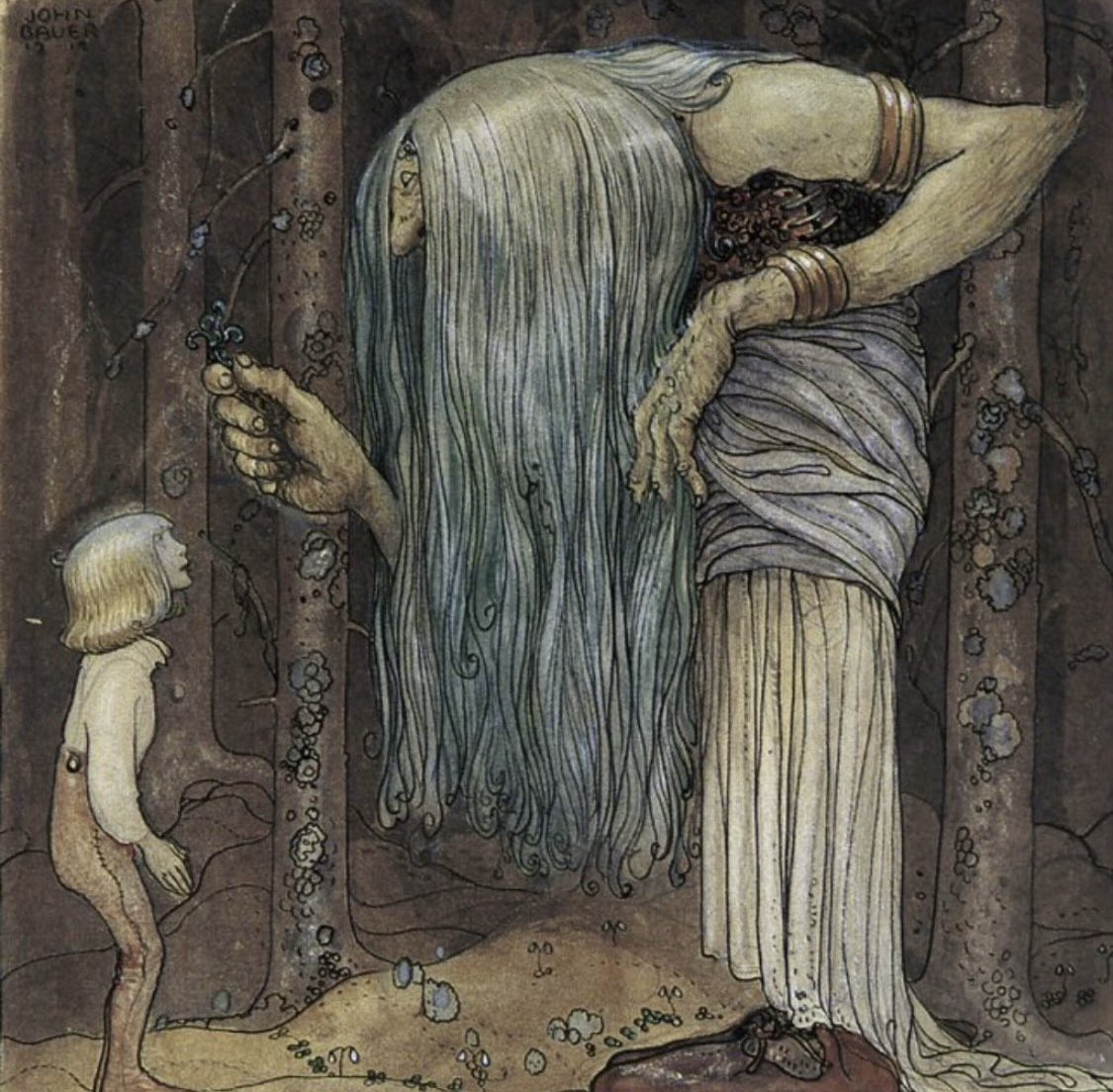 In the Swedish fairy tale 'The Boy Who Was Never Afraid', a boy helps a green-haired witch and in return she gives him a magical herb. When he puts the herbs in his ears, he is able to understand the languages of all the creatures in the enchanted forest. 

#FairyTaleTuesday