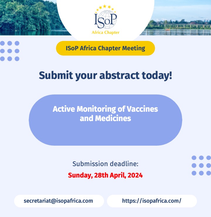 🌍 Don't miss out! ⏳ Submit your abstract for the ISoP Africa Chapter Meeting 2024 before it's too late! Explore diverse thematic areas and secure your spot now: isopafrica.com #ISoPAfrica #pharmacovigilance #research