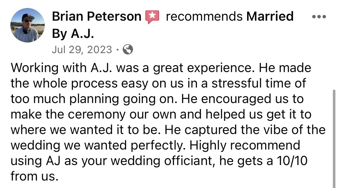 MarriedByAJ's tweet photo. I’m so grateful to Jake for inviting me to preside over his son’s wedding, my 24th as an officiant 🙏

If you or someone you know have a wedding, a vow renewal, or a celebration of love on the horizon, please consider getting @MarriedByAJ

📩 MarriedByAJ@gmail.com

🙌 ❤️ 💍 🏳️‍🌈 🏳️‍⚧️ https://t.co/azoRjuAymI