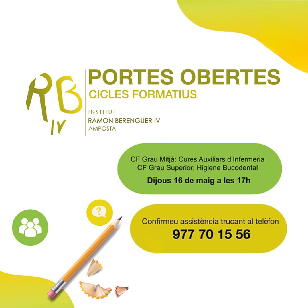 Jornada de #portesobertes al nostre Institut sobre els Cicles Formatius de Grau Mitjà de Cures Auxiliars d'Infermeria 🩹 i Grau Superior d'Higiene Bucodental 🦷

📅 Dijous 16 de maig
⏰ a les 17h

⚠️ Confirmeu assistència trucant al telèfon ☎️ 977 70 15 56

Us esperem!