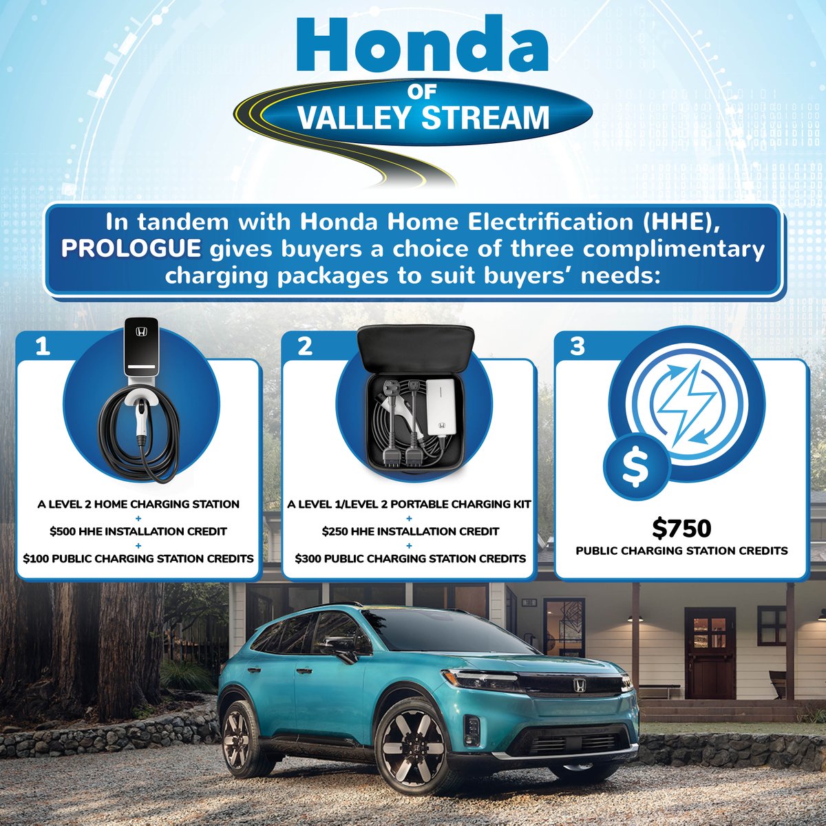 Exciting news for future Honda Prologue owners at Honda of Valley Stream! Choose from three distinct charging packages tailored to your needs and lifestyle. Get ready to power up your journey like never before. 🔌⚡ ow.ly/bepC50Rl7WU
