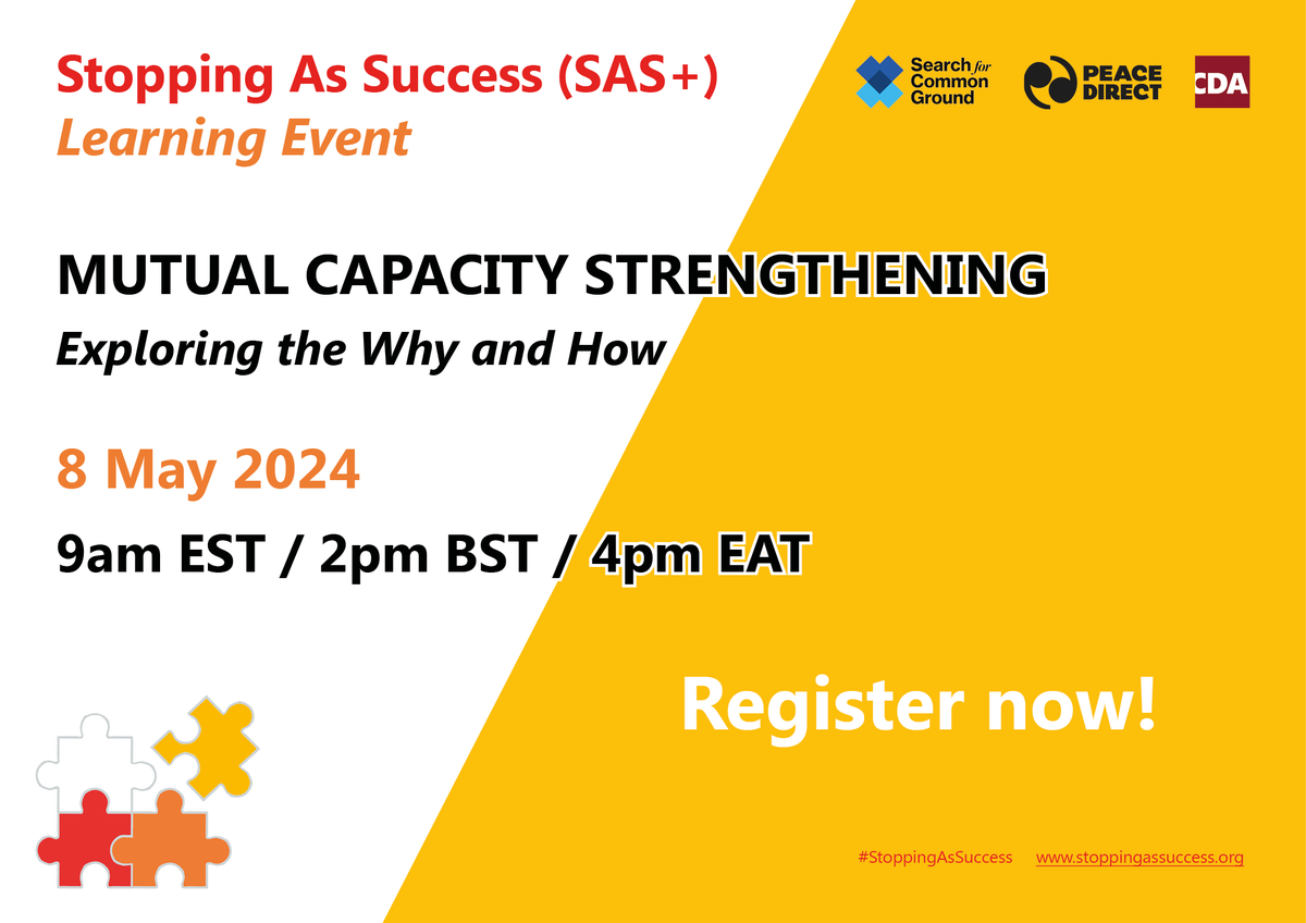 8 MAY: Join Stopping as Success for a virtual discussion on Mutual Capacity Strengthening! Hear about the importance of capacity strengthening as a 2-way street + practical lessons for implementation. Register now! ow.ly/omco50Rl4Yv @SFCG_ @cnx_us @cdalearning