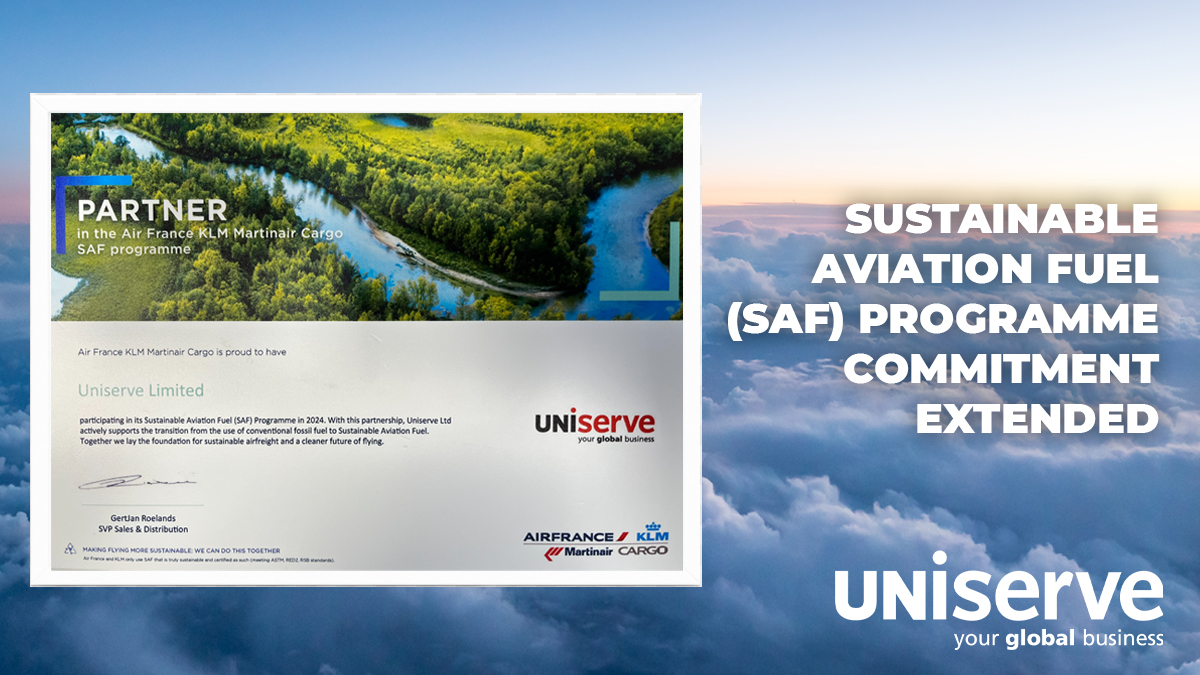 We are pleased to announce the extension of our support of the Air France KLM Martinair Cargo (AFKLMP Cargo) Sustainable Aviation Fuel (SAF) programme.

Read more here: ow.ly/FJql50Rl93V

#Uniserve #SAF #sustainableaviationfuel #AFKLMPCargo #emissions #netzero #airfreight