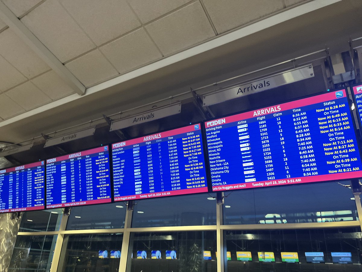 @DENAirport departure and arrival boards cheering on the @nuggets and @Avalanche! #Playoffs