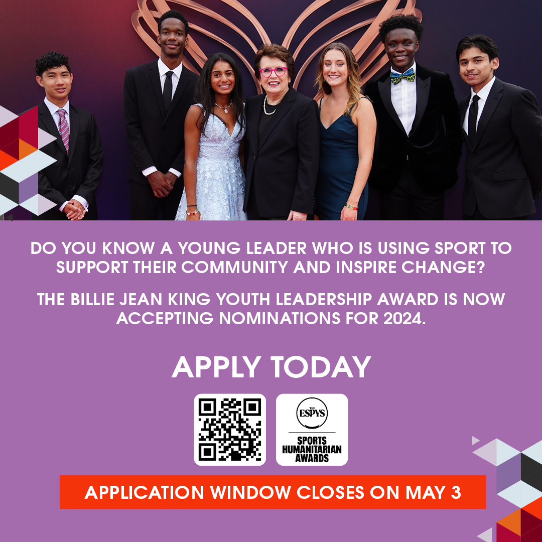 Applications for <a href="/espn/">ESPN</a>'s  2024 <a href="/BillieJeanKing/">Billie Jean King</a> Youth Leadership Award are still open.

Young leaders can apply directly, or non-profits who work with potential candidates can apply on their behalf.

Apply ➡️ bit.ly/BJKYLA2024