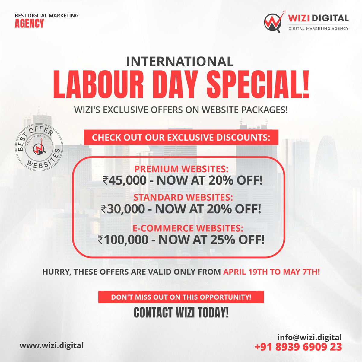 WiziLtd's tweet image. International Labour Day Special: Wizi&apos;s exclusive offers on website packages! 🎉

#wizidigital #wizitechnology #digitalmarketingagency #webdevelopment #webdesign #seo #digitalmarketing #wizi #webdevelopmentservices #labourdayspecialoffer #specialoffer #discounts #business