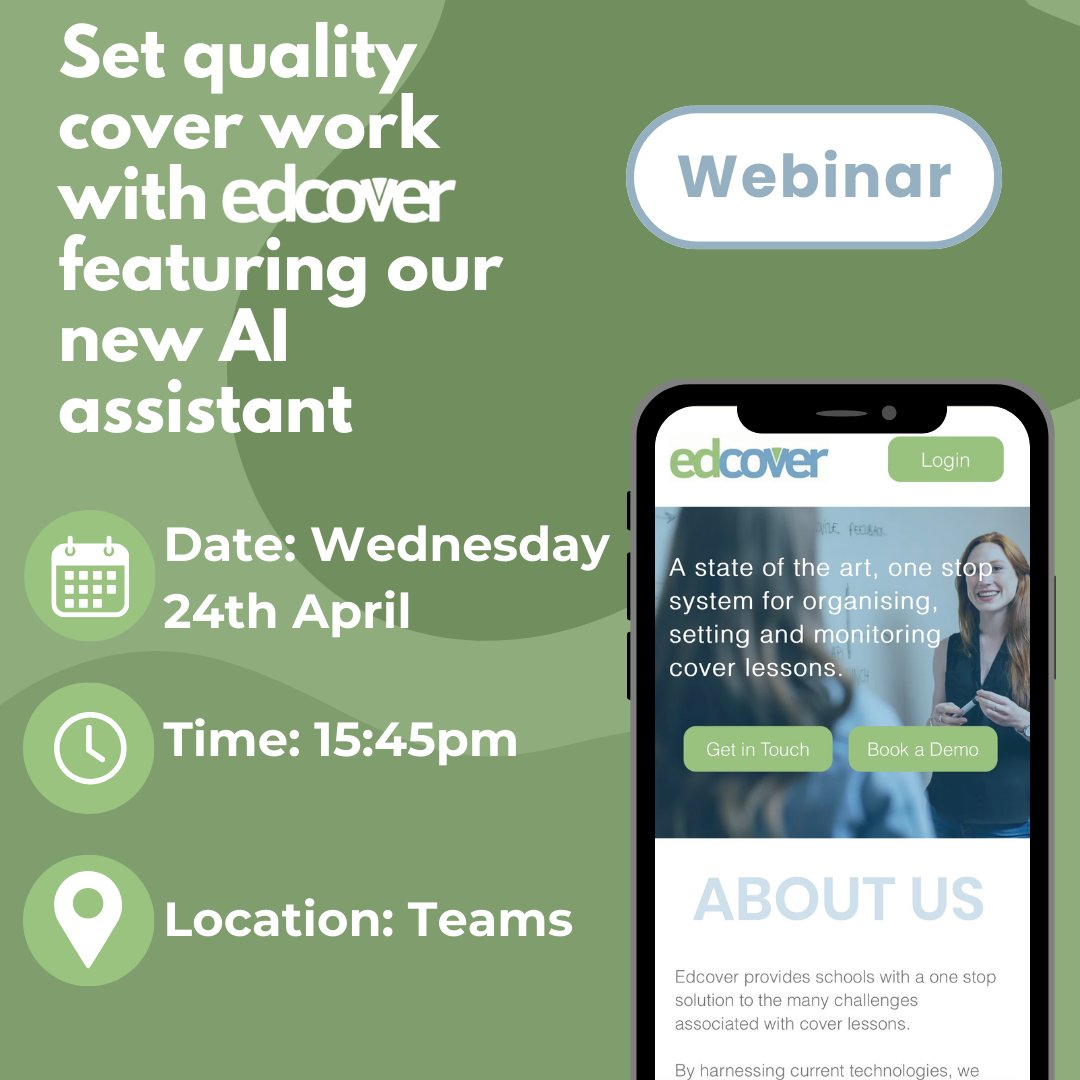 Edcover1's tweet photo. 💫Join us tomorrow💫

Webinar: "Set quality cover work with edcover, featuring our new AI assistant" 

🗓️Wednesday 24th April
🕓15:45
🎟️Get your FREE ticket at https://t.co/b9JbUvIFKo

#edtech #coverwork #education https://t.co/YQWmhZtTOe