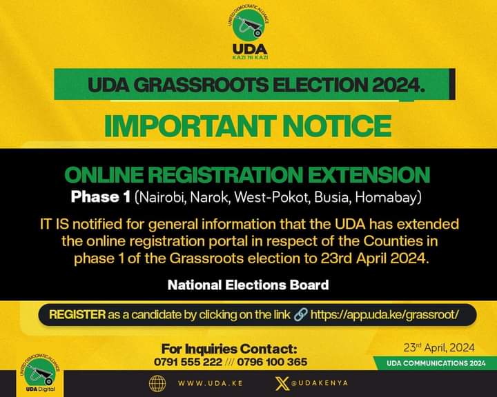 MaryMutinga's tweet photo. UDAPARTY GRASSROOTS ELECTION 2024.

IMPORTANT NOTICE.

Extension of online candidates Registration for Phase 1 counties  (Nairobi,Busia,Narok,West-Pokot and Homabay).

#GrassRootsElections2024
#KaziNiKazi
#UDADigital https://t.co/KjKexgiKBT
