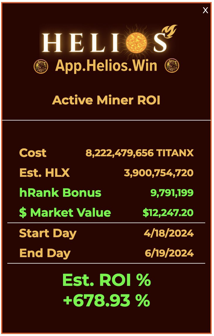 #BAMBAMBAM #WatchingYet? If you haven’t created a miner today, are you really #inittowinit?

Daily #ROI updates on 2 of my #HELIOS mints:
                              👇👇👇👇👇👇👇
Day 6:
Day 1 Miner - Day 55 of 250 = 3,162.77% 🆙!
Day 50 Miner - Day 6 0f 62 = 679.11% 🆙!