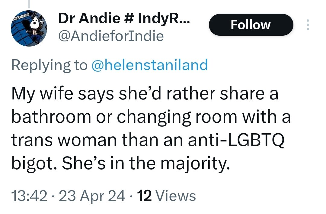 And your wife is free to undress with any consenting male in her own private space. She simply can't invite them in to undress in female changing rooms where other women and girls have not consented.