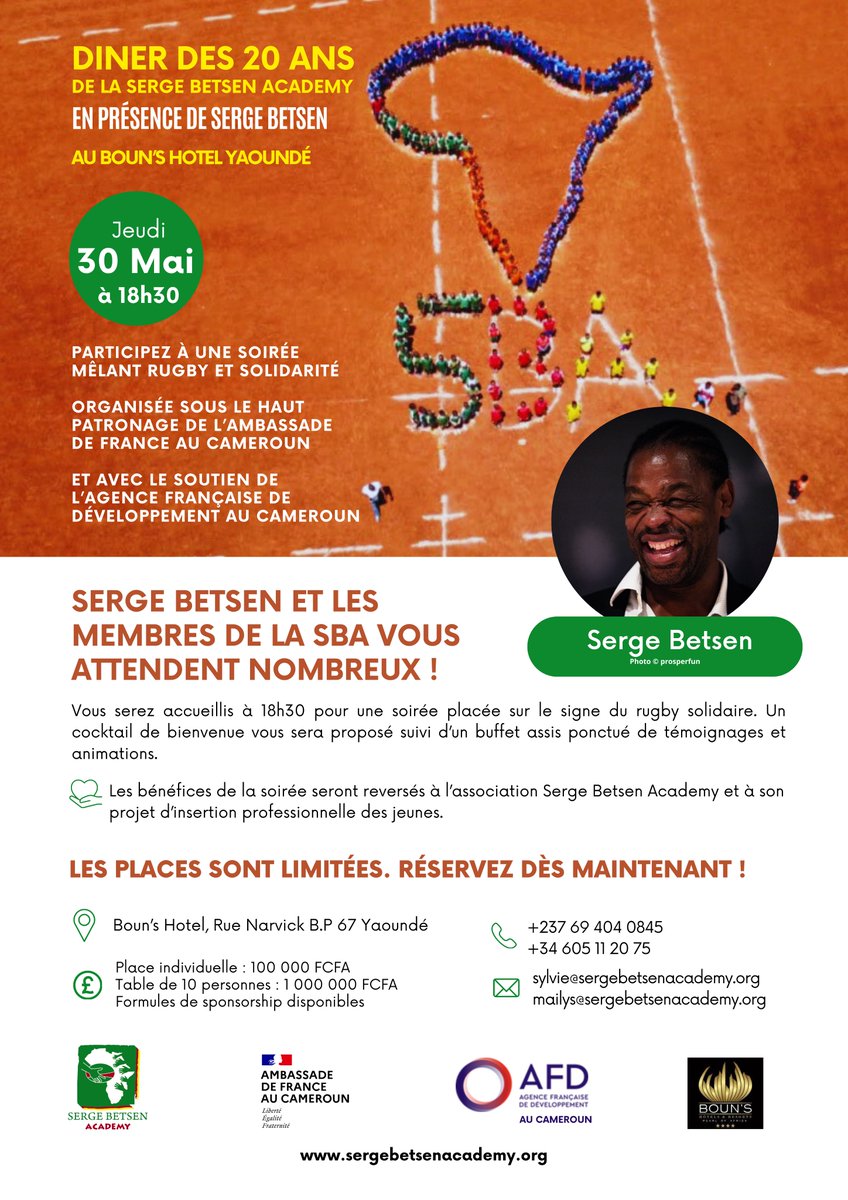 INVITATION - Diner des #20ans de la @SBetsenAcademy à #Yaoundé 🇨🇲 le jeudi 30 mai ! @SBetsen vous exposera les nouveaux enjeux de la #SBA, dont l’insertion sociale et professionnelle pour chaque jeune femme et jeune homme. Venez nombreux ! sergebetsenacademy.org/fr/evenement-v…