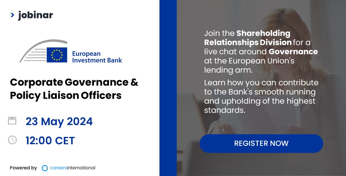 Are you interested in the Governance of the @EIB and how high standards are maintained? As an expert in the field, join the Bank for a live exchange to see how you could contribute. Register here: eiblux32.jobinar.com #governance #ethics #law #finance #business #banking #eu