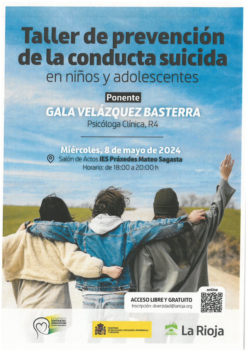Taller de prevención de la conducta suicida en niños y adolescentes el día 8 de mayo de 2024 en el IES Práxedes Mateo Sagasta. 
Dirigido a familias, profesionales y adolescentes:
larioja.org/educacion/es/n…