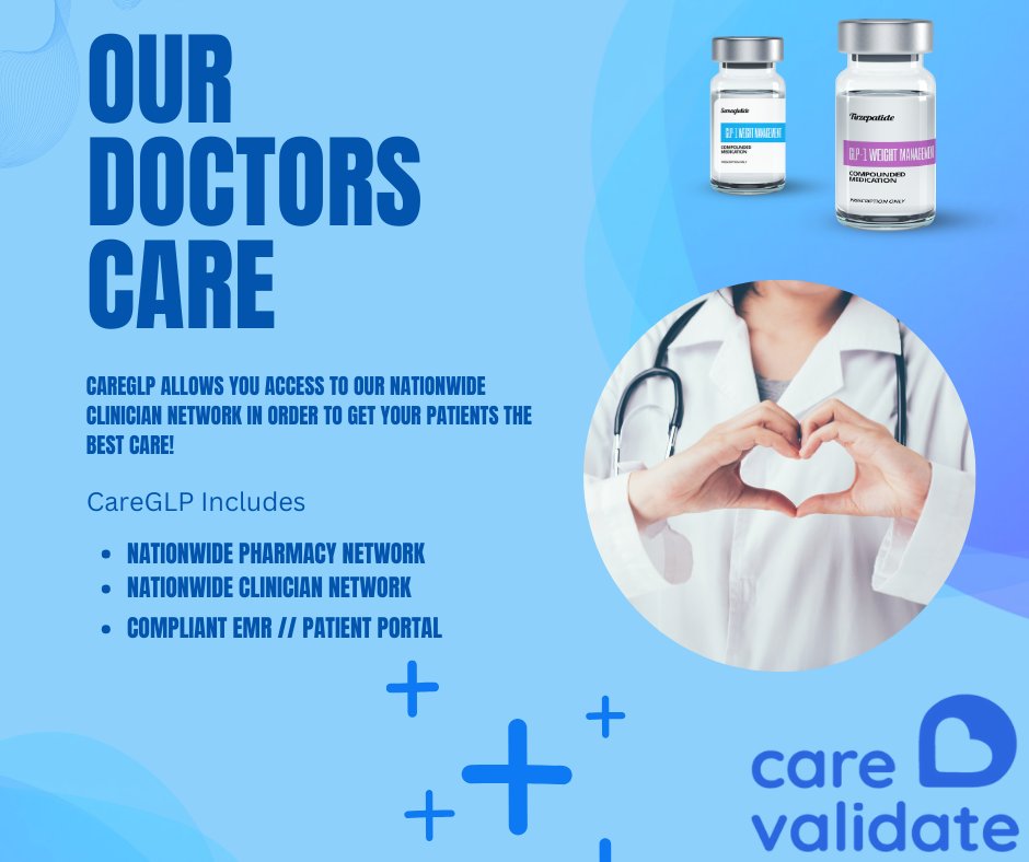 CareValidate's tweet photo. ❤️ Yes, our nationwide network of physicians truly do CARE!

💊 Allow our CareGLP program to seamlessly integrate into your existing business to offer your patients GLP-1 treatments.

👩‍⚕️ Lets cure the obesity epidemic together!

#GLP-1 #obesity #healthyliving #SaaS #telehealth https://t.co/GdV15WBB01