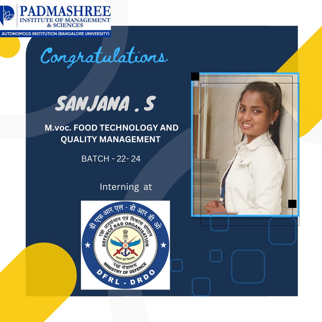 'Heartfelt congratulations to Ms. Sanjana from the Department of M.Voc Food Technology and Quality Management for securing an internship at DFRL DRDO! 🎉🌟 Wishing her a rewarding experience ahead! 👏🔬 #InternshipSuccess #ProudMoment'