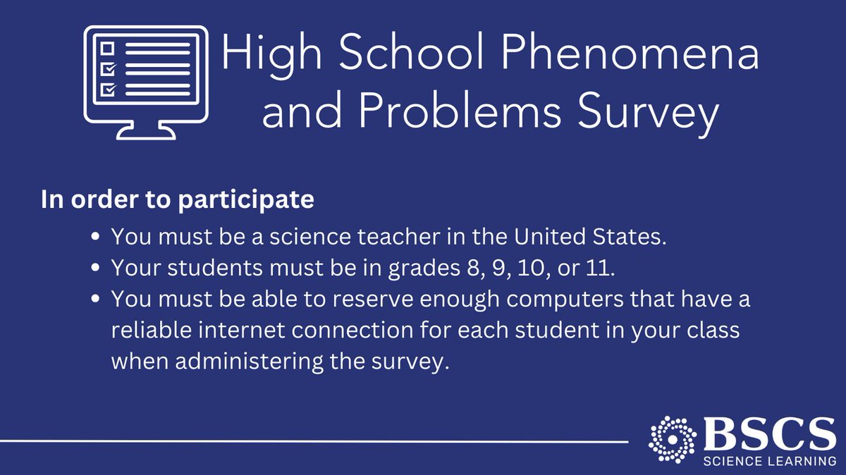 As part of a project to develop + test 3-D assessment tasks for the HS life science NGSS PEs, BSCS is surveying Ss about their interest in various phenomena/problems. We’re recruiting Ts willing to administer a 15–20 min. survey to their Ss this spring. tinyurl.com/4czax488