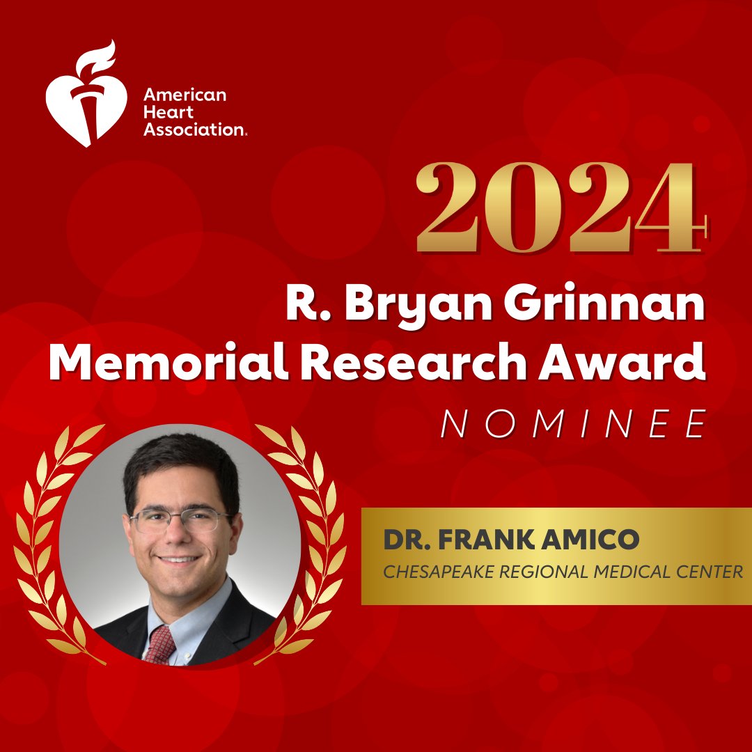 The 2024 R.Bryan Grinnan Memorial Research Award nominees are in! Join us in congratulating Dr. Frank Amico with @ChesHealthcare. The R. Bryan Grinnan Award winner will be announced at the Hampton Roads Heart Ball.