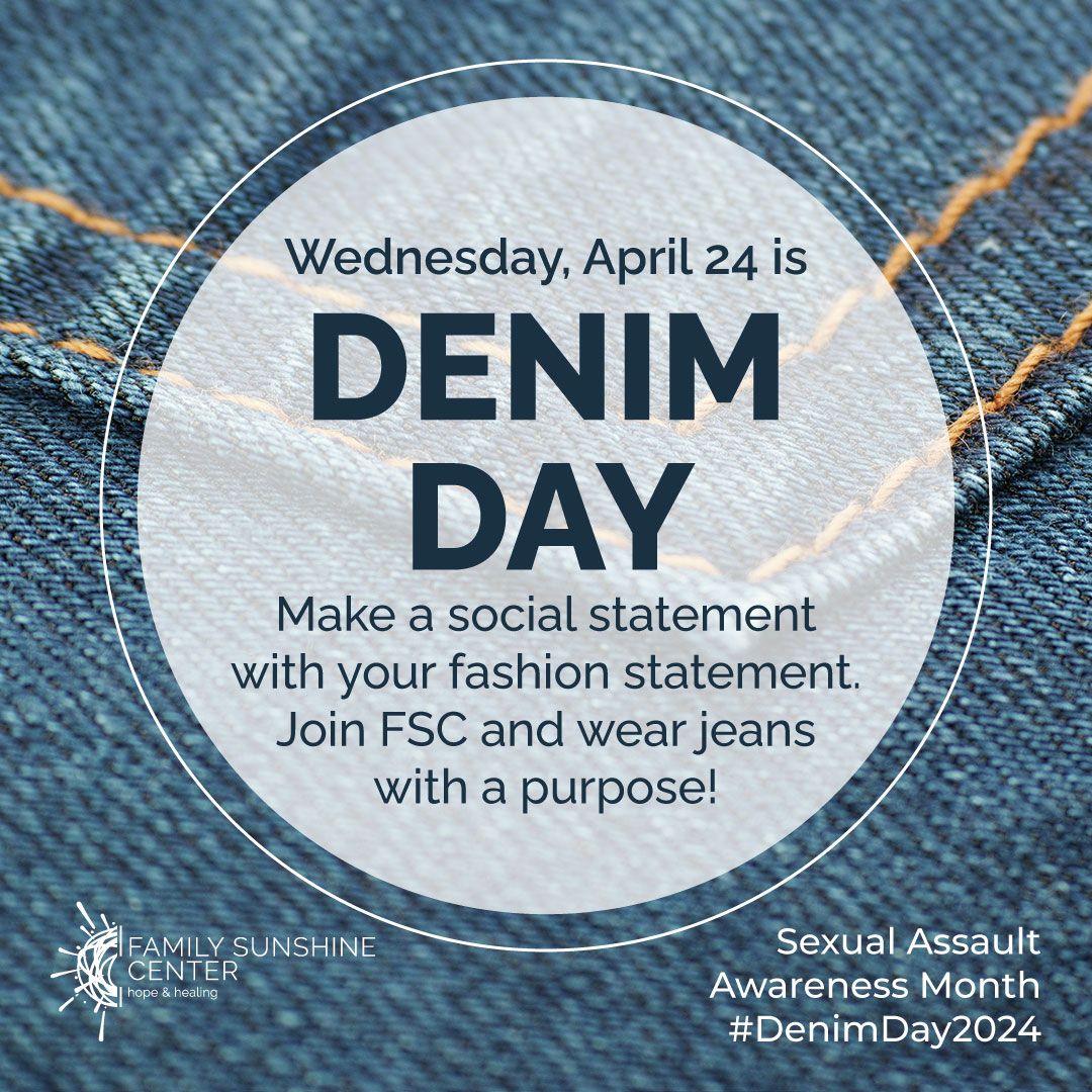 FSCGivesHope's tweet photo. Denim Day honors sexual assault survivors and fights victim-blaming. Wear denim to stand against it and educate on sexual violence. Share your denim pics, tag us at @FSCGivesHope. #SAAM2024 #DenimDay2024 https://t.co/iRzfRaFOhI