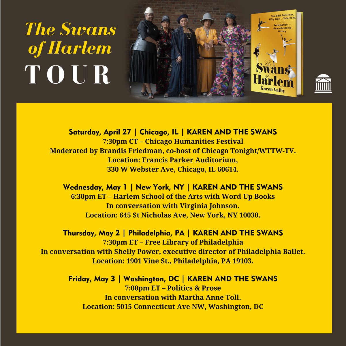 🗓️ Mark your calendars! The SWANS are hitting the road starting 4/27. Visit @KarenValby and THE SWANS OF HARLEM to honor a remarkable story. 🦢📚 penguinrandomhouse.com/books/716415/t…