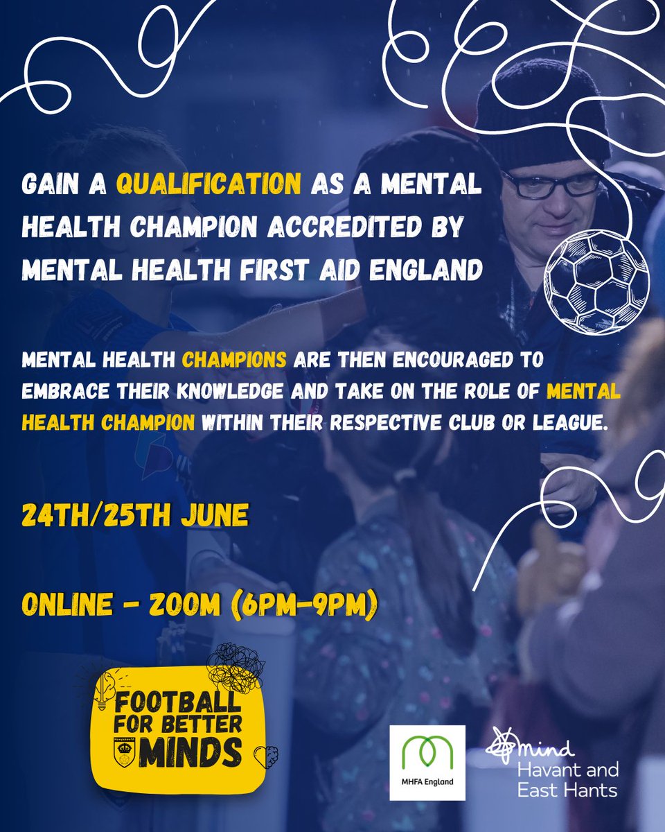 Across the season, volunteers, coaches and players of grassroots football clubs in Hampshire will have the chance to take a Mental Health Champion qualification. Sign up to our online event!👇 bit.ly/47SkOzB