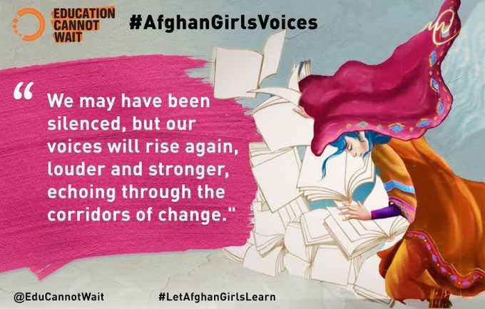 “We may have been silenced, but our voices will rise again, louder & stronger, echoing through the corridors of change.' @EduCannotWait #AfghanGirlsVoices campaign lifts the voices of Afghan girls whose right to #education is being denied. Learn more👉educationcannotwait.org/afghan-girls-v…