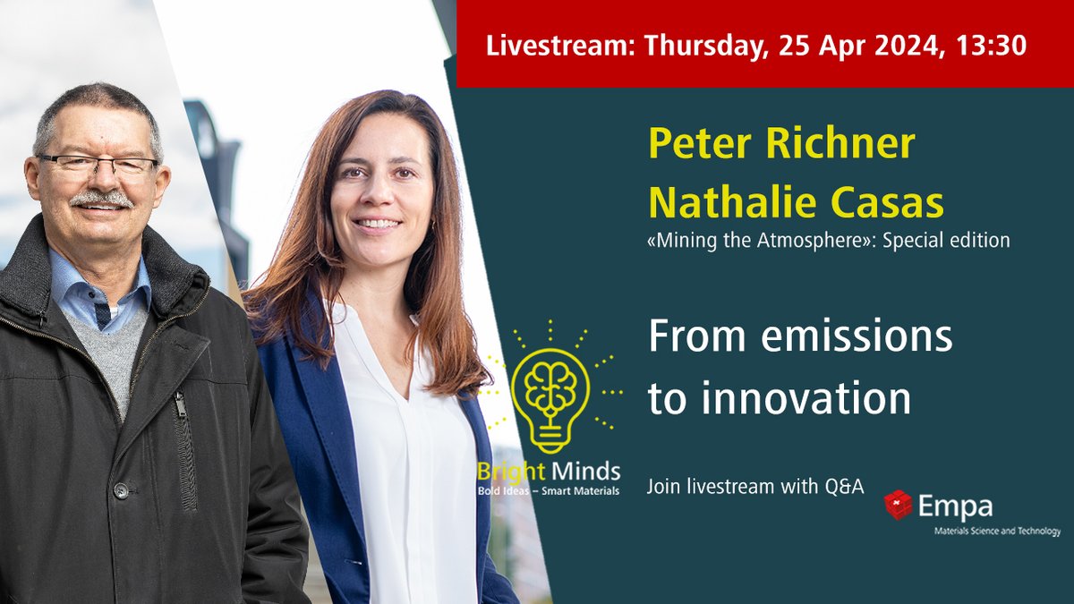2 days until livestream 25 April 2024, 13.30-14.00 on Mining the Atmosphere: creating value by converting CO2 into materials
Join live on X!
#miningtheatmosphere #brightminds
Details: empa.ch/web/s604/brigh…