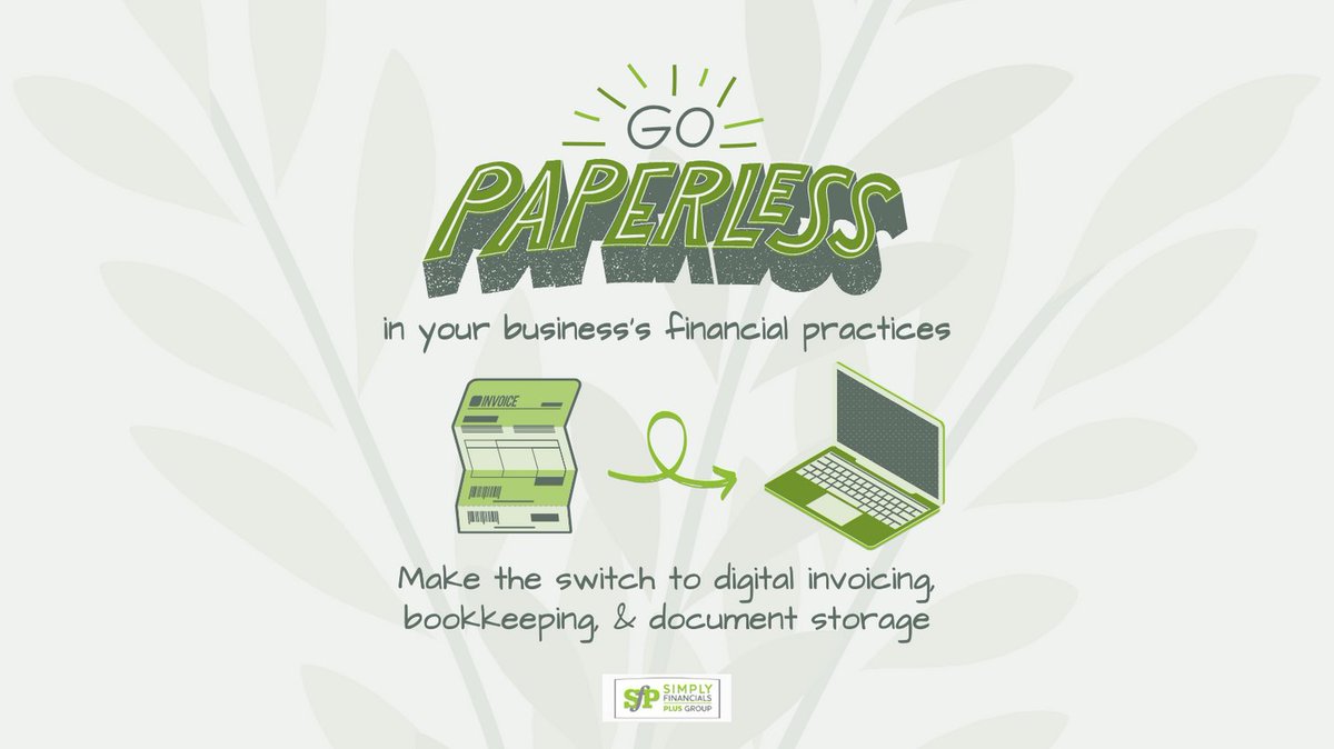 For greener business practices, switch to digital invoicing, bookkeeping, & document storage with cloud-based solutions.

More ideas?
simplyfinancialsplus.com/post/embracing…

#bookkeepingforsmallbusinesses #businessaccounting #businessbookkeeping #smallbusinessownership #smallbusinessownertips