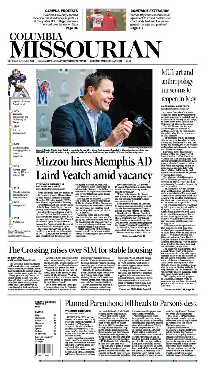 On today's front page: — MU to hire new athletic director — MU museums to reopen May 3 — Crossing raises over $1 million for housing — Planned Parenthood bill goes to Gov. Parson Subscribers can view the e-edition at bit.ly/3tvzq6A