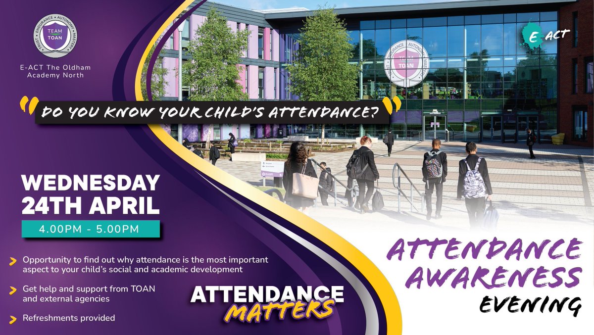 📣 Our Attendance Awareness Evening is on tomorrow 📣 It starts at 4.00pm. All parents/carers welcome. 'ATTENDANCE MATTERS'