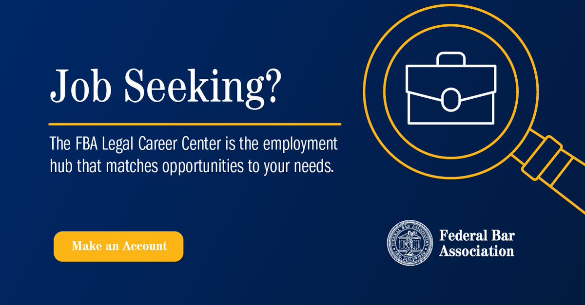 Are you on the job hunt? The FBA is the largest network and knowledgebase in Federal law. Our Legal Career Center connects our members, both job seekers and employers alike. Follow the link below to find your next big move and jumpstart your job search. ow.ly/qw7t50QwqpG
