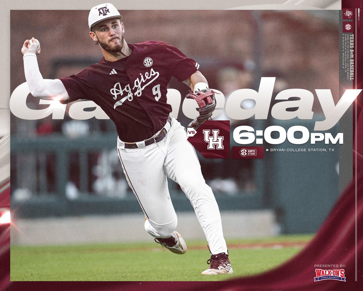 Baseball at Blue Bell Park tonight! vs Houston 6 p.m. • @SECNetwork ⚾️: linktr.ee/aggiebaseball presented by @walk_ons #GigEm