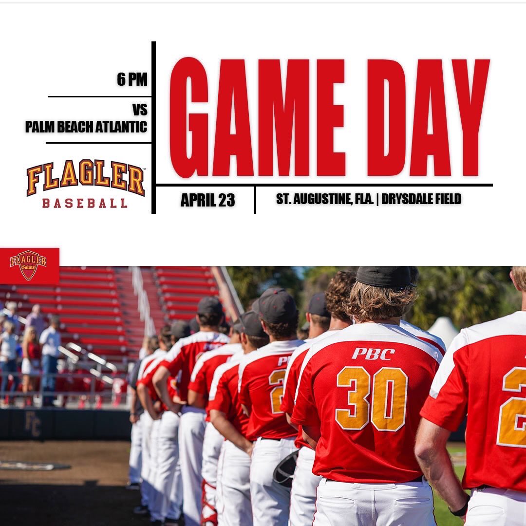 ⏰ FOR SOME MIDWEEK PLAY @ THE DRYS‼️ 🆚 Palm Beach Atlantic ⏰ 6 p.m. 📍 St. Augustine, Fla. 🎥 pbcsportsnetwork.com/flagler/ 📊 flaglerathletics.com/sidearmstats/b… #GoSaints x @Flagler_BSB