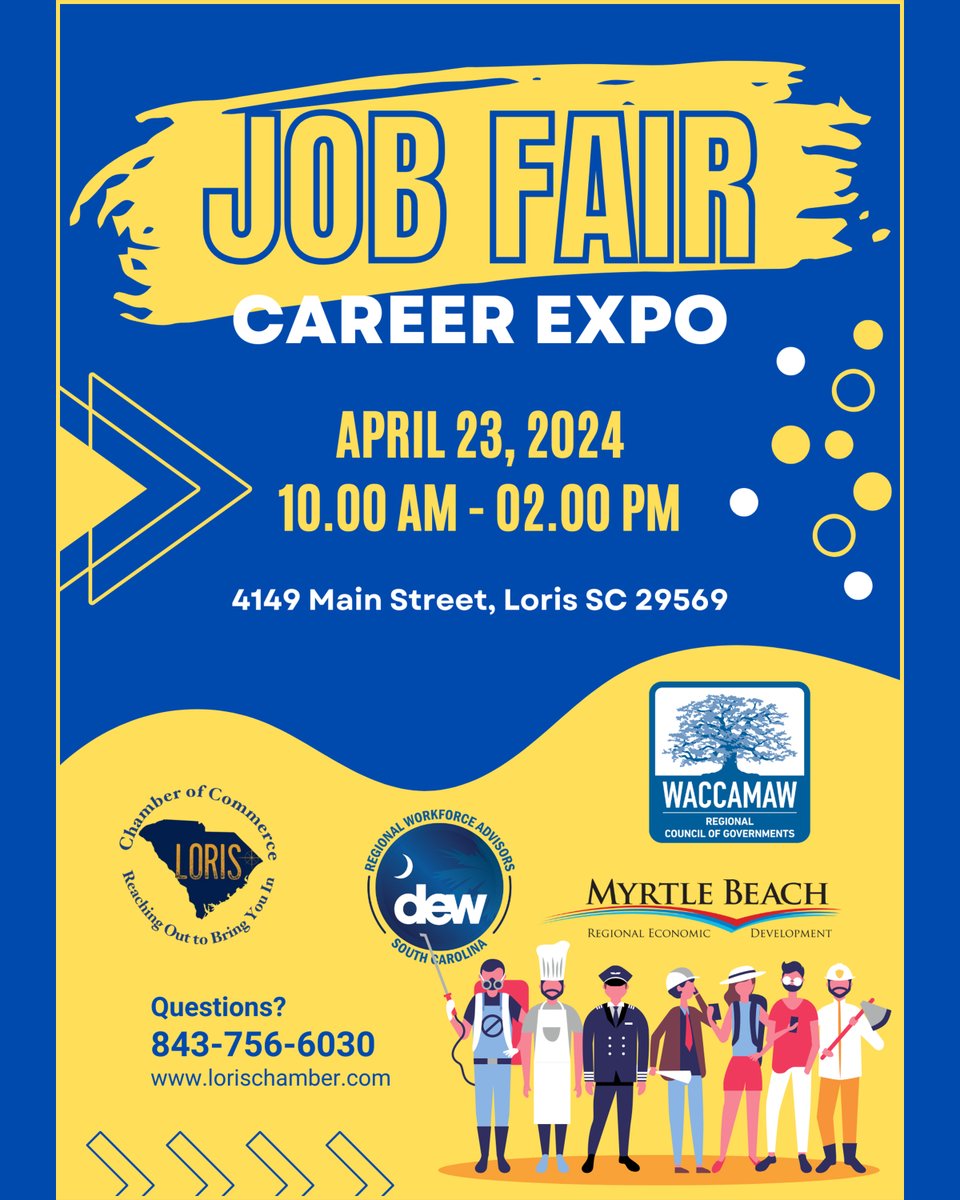 TODAY is the day! Join us at the Job Fair & Career Expo happening from 10AM until 2PM! Don't miss out on this opportunity to explore job opportunities and network with top employers. Head to 4149 Main Street, Loris SC 29569. #JobFair #CareerExpo #LorisSC #scworkswaccamaw