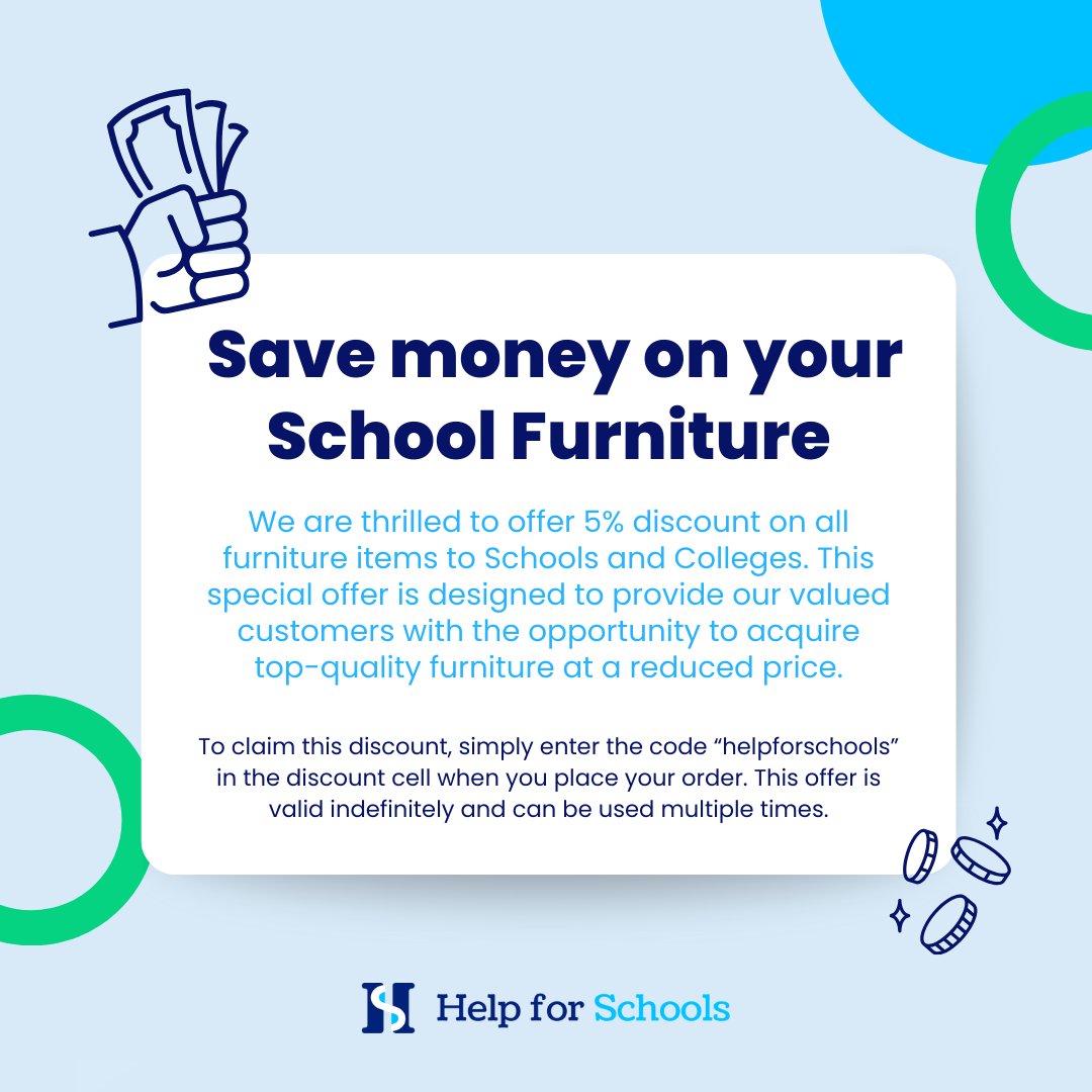 Do you want savings on school furniture? 💸

Enjoy a 5% discount on all furniture items for Schools and Colleges 🤩

Elevate your learning environment today. Visit helpforschools.org.uk/savingsonschoo… to learn more 🎓

#education #furniture #schoolfurniture #schooldiscount #school