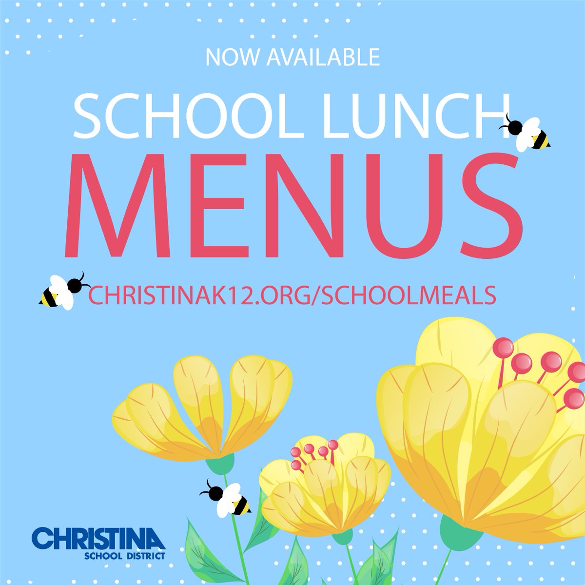 May meal menus are now available on our website at: christinak12.org/schoolmeals. Menus may change due to nationwide shortages. Please contact Child Nutrition Services if you have any questions.