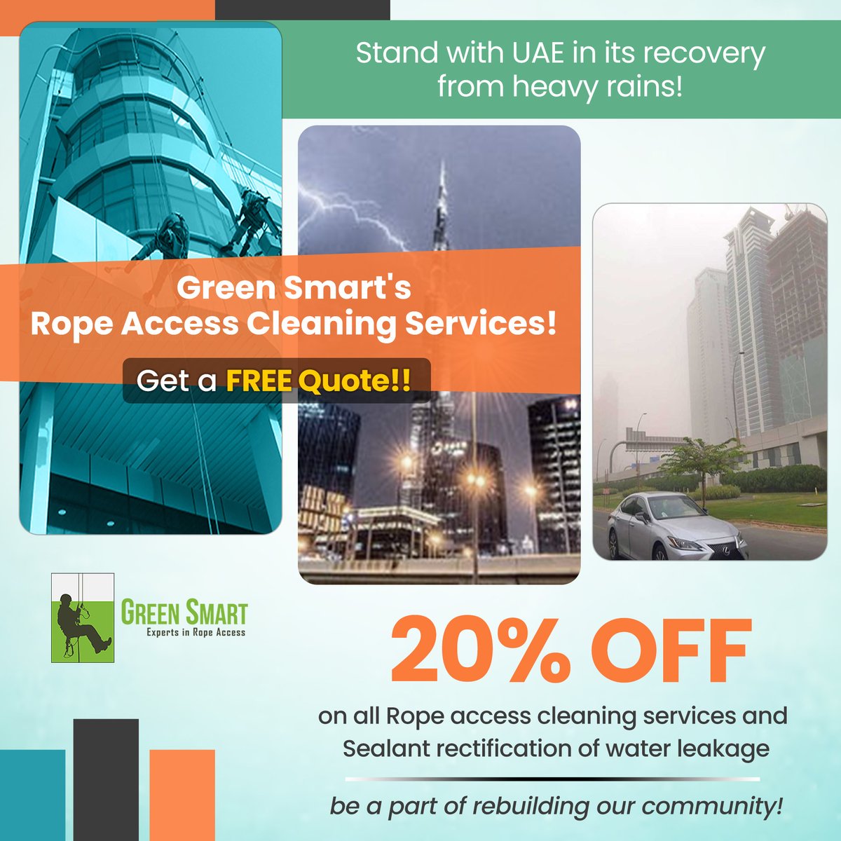 greensmarttech1's tweet photo. Heavy rain hits Dubai, leaving many buildings in need of revival!
#GreenSmartTechnical offers a solution! Get 20% OFF on all #RopeAccessCleaningServices and Sealant Rectification for Water Leakage. Let us restore your building's windows, facade, and more. 

📲 +97142528701 https://t.co/VmzEzwVNwy
