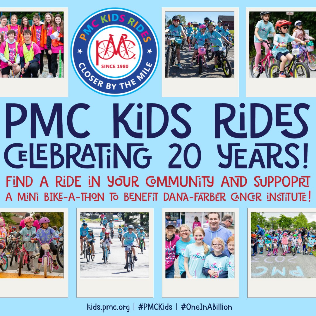 Celebrate 20 years of the PMC Kids Rides Program! 🎉🚲 PMC Kids Rides are mini bike-a-thons for kids to raise money for cancer research and treatment at @DanaFarber! Find a ride in your town and support the PMC Kids Ride Program! bit.ly/4aHuP4E #PMCKids #OneInABillion