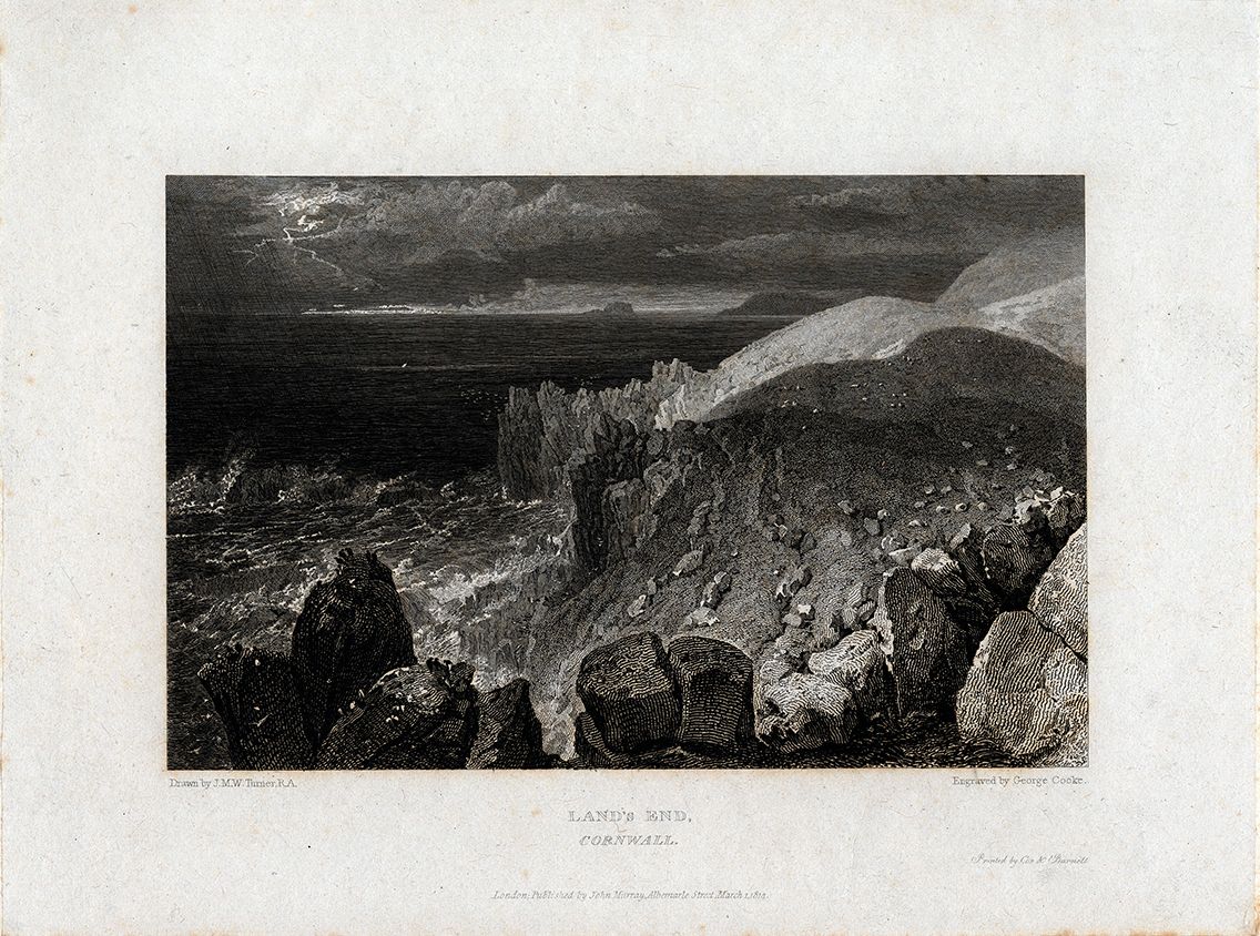 1/2 Today marks 249 years since the birth of artist J.M.W. Turner. We're lucky enough to hold a number of his engravings in our collection including this one of a very stormy looking Land's End. Dated 1814, it was sketched by Turner &amp; engraved by George Cooke. #JMWTurner