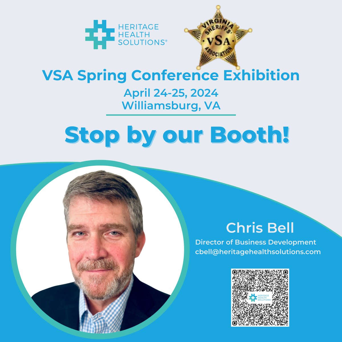 <a href="/Heritageorg/">Heritage Health Solutions</a> is excited to exhibit at the VSA Spring Conference April 24-25, 2024. This conference will be an excellent opportunity for Chris to connect with peers to discuss how our team of experts is ready to start saving your agency MILLIONS on inmate off-site medical care.