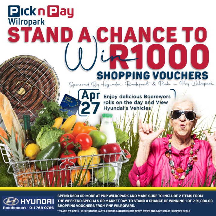 pnp_wilropark's tweet photo. 🚗 Get ready for a Freedom Day GIVE AWAY sponsored by Hyundai Roodepoort and Pick n Pay Wilropark! 🎉
Hurry, the competition ends on 27 April, and the winners will be drawn on 28th April.
#picknpay #pnp #picknpaywilropark #pnpwilropark #pickwell https://t.co/awhMyazVgc