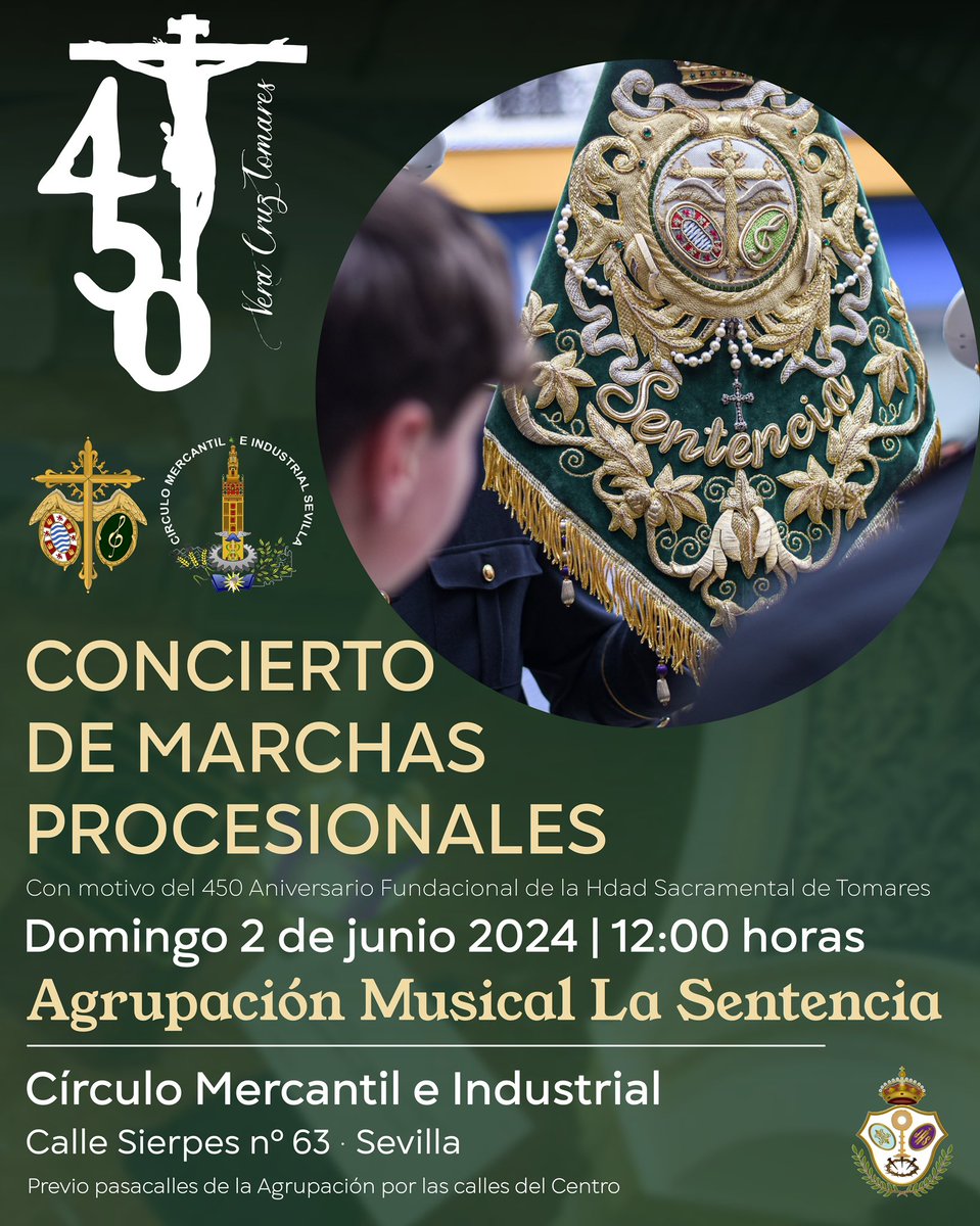📆 𝗖𝗢𝗡𝗖𝗜𝗘𝗥𝗧𝗢 𝗖𝗜́𝗥𝗖𝗨𝗟𝗢 𝗠𝗘𝗥𝗖𝗔𝗡𝗧𝗜𝗟. El próximo domingo 2 de junio, ofreceremos un concierto de marchas procesionales con motivo del 450 Aniversario Fundacional de nuestra querida @hdadtomares a las 12:00 horas.