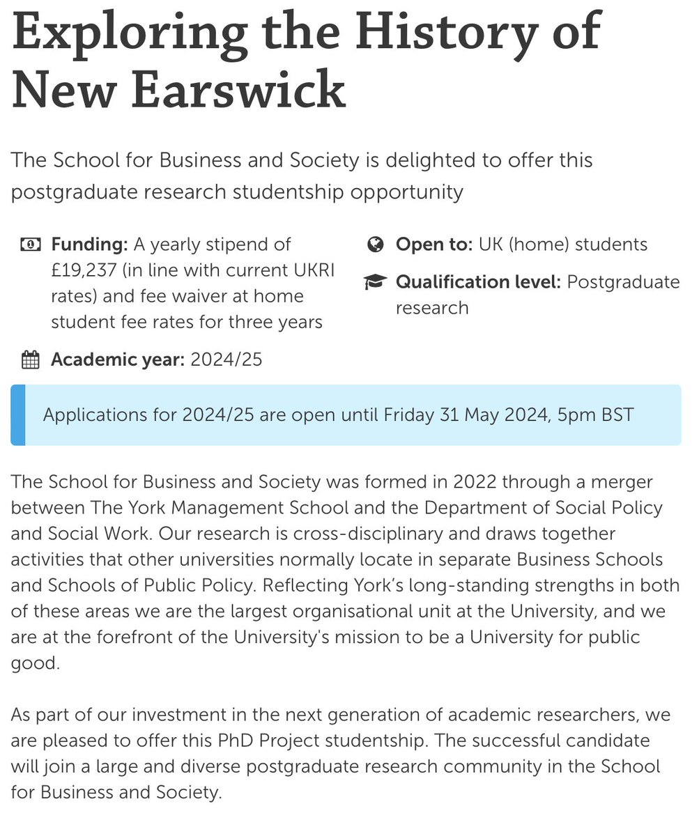 york.ac.uk/study/postgrad… New *fully funded* PhD studentship on the History of New Earswick, the 'Chocolate Conscience' and the emergence of social housing @UoY_SBS @UoYSBS_Research @UoYResearch