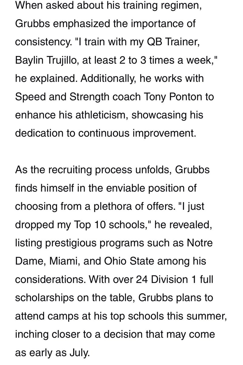 Awesome Article by @Spotlight39_Pod on 4⭐️ 2026 QB Trainee: @NoahGrubbsQB (@LMRamsFootball) after he announced his Top 10‼️So many great coaches & influential people in his life that has got him to this point‼️#BTruQBTraining 🔘 📰: spotlight39.com/articles-1/202…